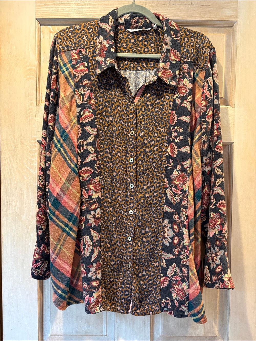 Soft Surroundings Mixed-Print Button-Front Top in Leopard and Plaid 2X